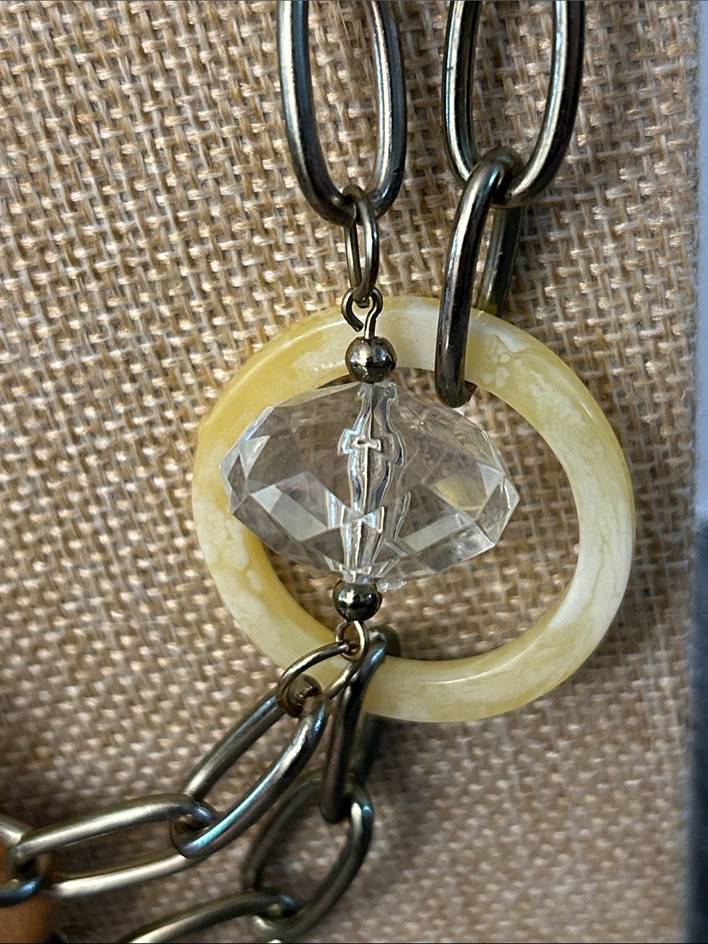 Yellow acrylic & goldtone chain Statement Necklace 21” long yellow clear tan - Picture 3 of 6